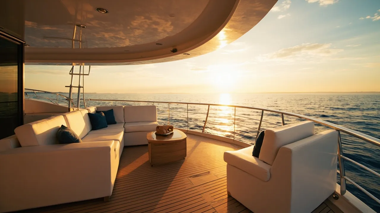 Eleganter Yacht-Deck mit Teakboden im goldenen Abendlicht