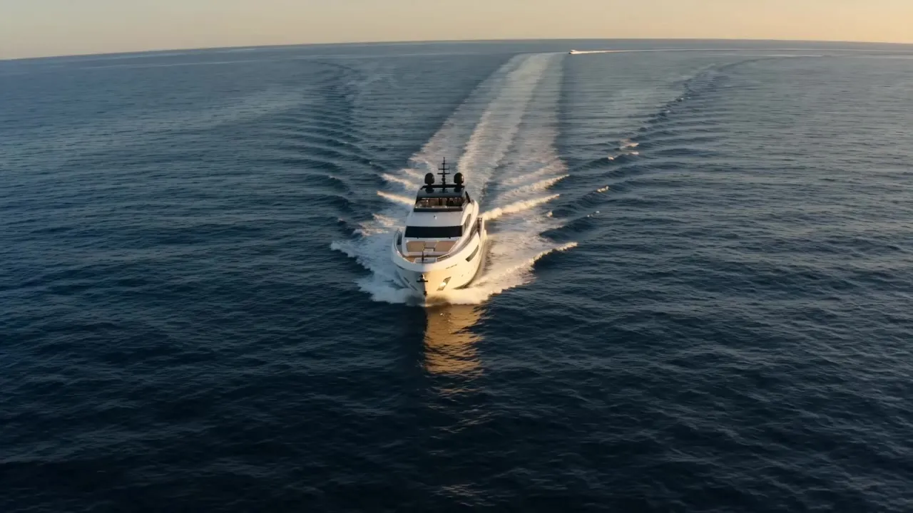 Luxus-Motoryacht auf tiefblauem Meer im goldenen Abendlicht