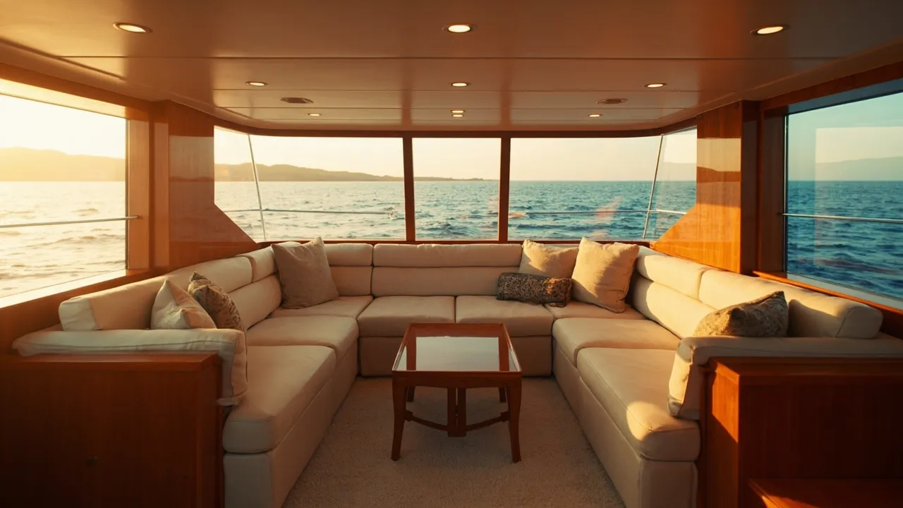Luxuriöser Yacht-Salon mit warmem Holz und cremefarbenem Leder