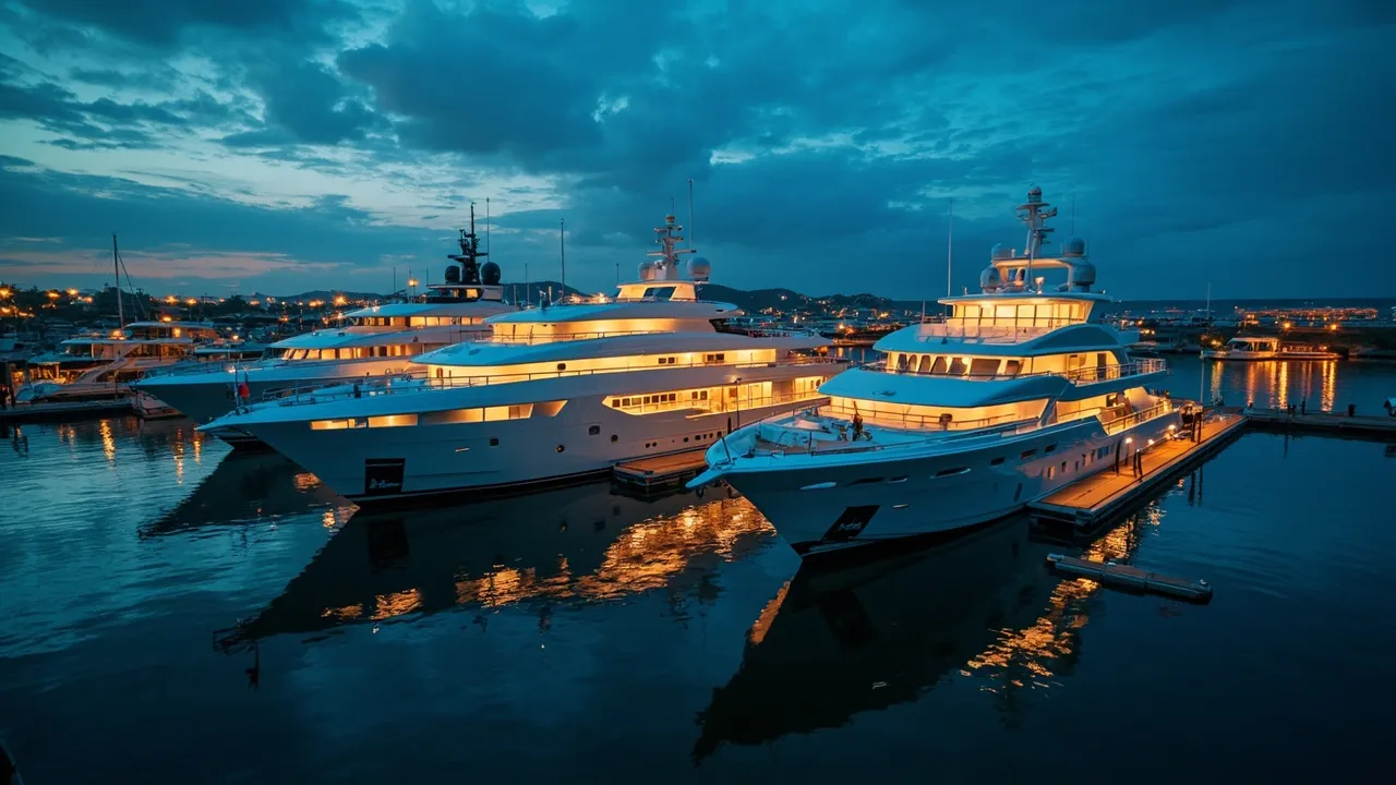 Luxusyachten in einer noblen Marina in der Dämmerung