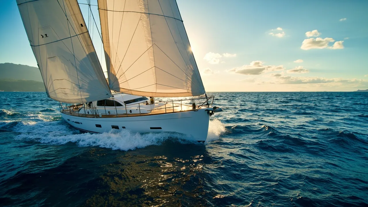 Segelyacht mit vollen weißen Segeln in tiefblauem Wasser