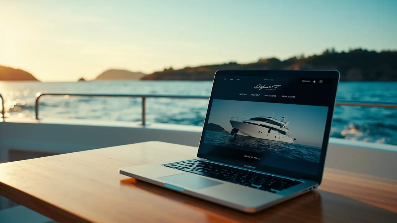Symbolbild: ein Laptop auf einem Teaktisch an Bord, der eine elegante Yacht-Website zeigt, im Hintergrund das tiefblaue Meer im Abendlicht