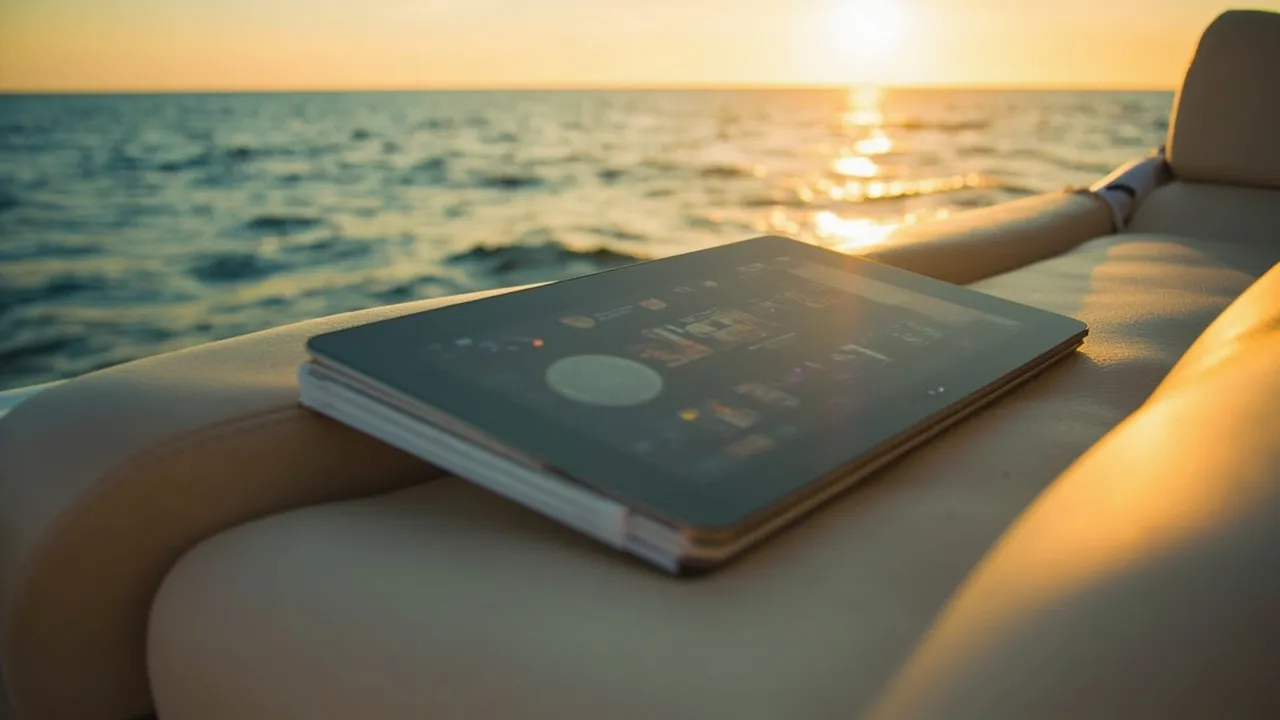 Symbolbild: ein Tablet mit einer eleganten Yacht-Galerie liegt auf cremefarbenem Leder, warmes Abendlicht